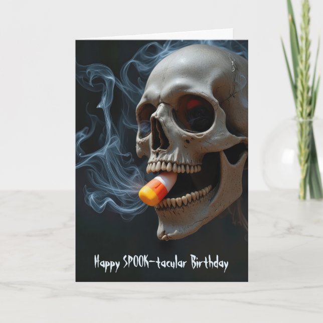 Halloween Birthday Skull Biting Candy Corn Card (Front)