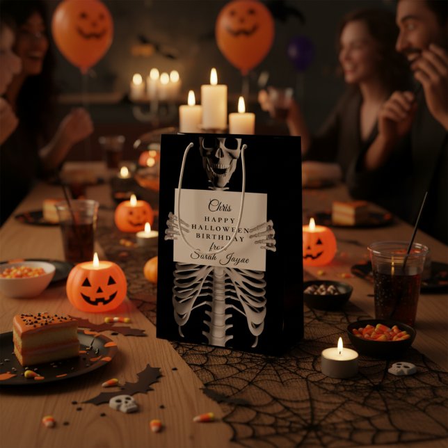 Halloween Birthday Spooky Skeleton Custom Black Medium Gift Bag (Gift Bag for someone who has a birthday on Halloween and who is not afraid of spooky skeletons.)