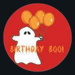Halloween Birthday T-shirts and Gifts Classic Round Sticker<br><div class="desc">Cute little ghost holds orange balloons and wishes a happy birthday to the October 31 birthday guy or gal. Spooky for Halloween birthdays! Fully customisable too, in case you want to add your own text, change background colours, or move elements around. Make it yours, make it unique, make it scary!!...</div>