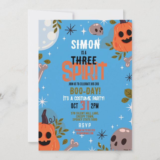 Halloween Birthday THREE Boys Party Ghosts Blue 3 Invitation (Front)