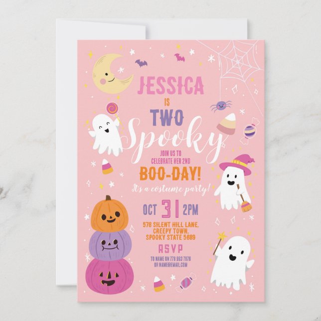 Halloween Birthday TWO Girls Party Ghosts Pumpkin Invitation (Front)