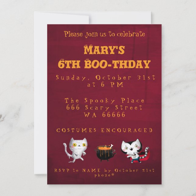 Halloween Birthday Witch Cats Bat Vampire Mummy In Invitation (Back)