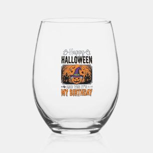 Halloween Birthday Witch Pumpkin Vintage Shirt Des Stemless Wine Glass