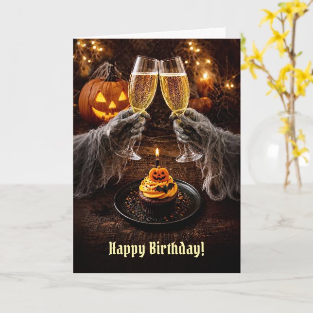 Halloween Birthday with Cupcake Champagne  Card (Yellow Flower)