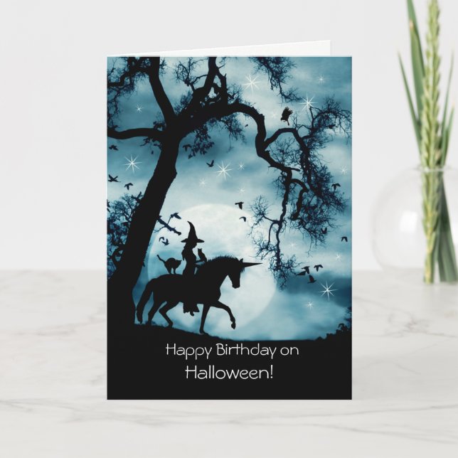 Halloween Birthday with Witch and Unicorn Card (Front)