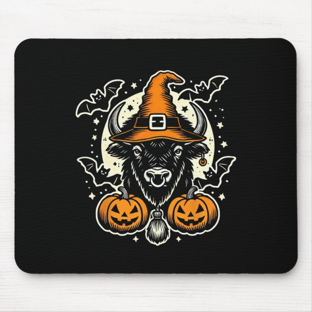 Halloween Bison Spooky Witch Hat And Pumpkins Art  Mouse Pad (Front)