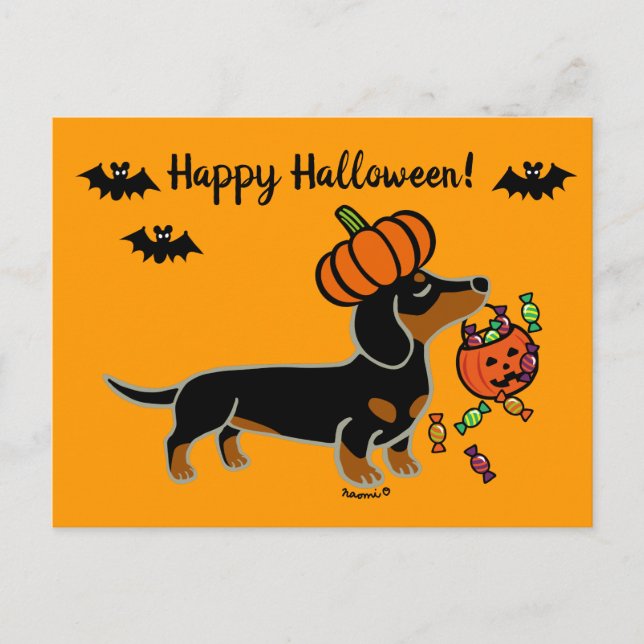 Halloween Black and Tan Smooth Haired Dachshund Postcard (Front)