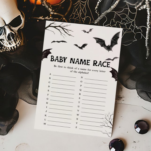 Halloween Black and White Bats Baby Name Race Game (Black and White Bats Baby Shower Baby Name Race Game)