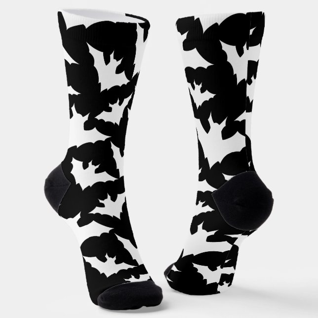 Halloween Black and White bats cool spooky pattern Socks (Angled)