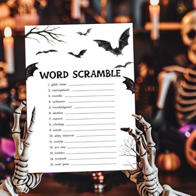 Halloween Black and White Bats Word Scramble Game (Black and White Bats Baby Shower Word Scramble Game)