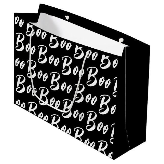 Halloween Black and White boo text pattern Large Gift Bag (Front Angled)