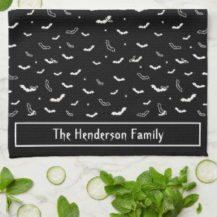 Halloween Black and White Flying Bats Pattern Tea Towel