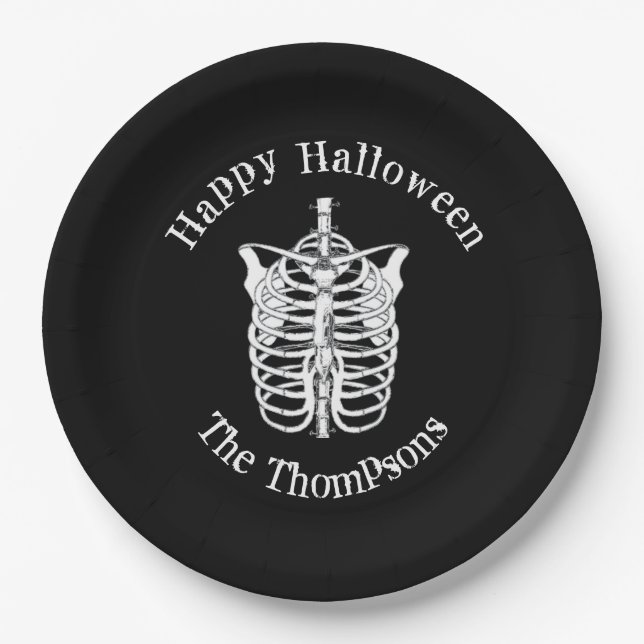 Halloween Black and White Spooky Skeleton Paper Plate (Front)