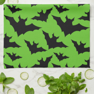 Halloween black bats green cool spooky pattern tea towel