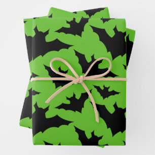 Halloween black bats green cool spooky pattern wrapping paper sheet