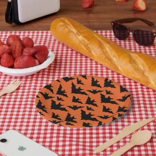 Halloween black bats orange cool spooky pattern paper plate