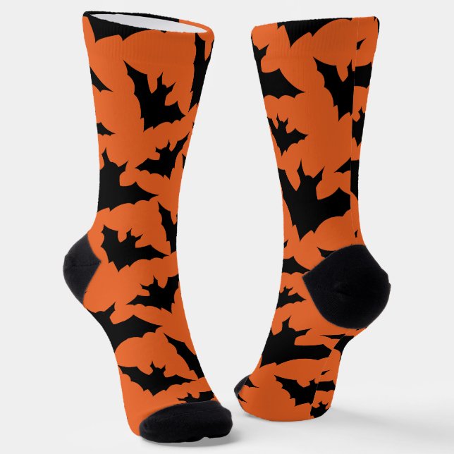 Halloween black bats orange cool spooky pattern socks (Angled)