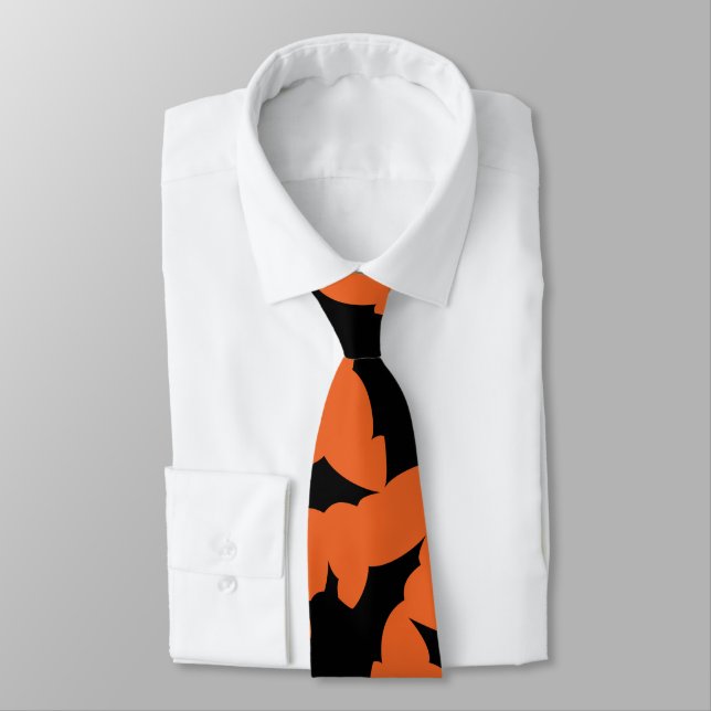 Halloween black bats orange cool spooky pattern tie (Tied)