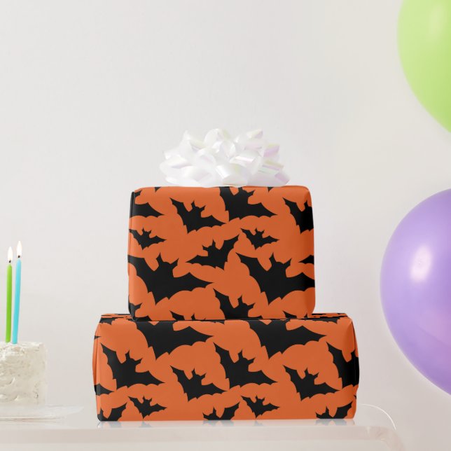 Halloween black bats orange cool spooky pattern wrapping paper (Party Gifts)