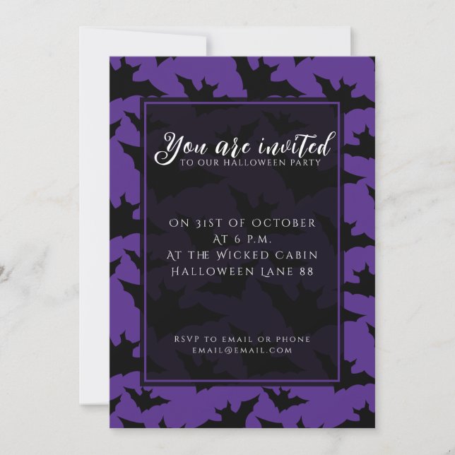 Halloween black bats purple cool spooky pattern invitation (Front)
