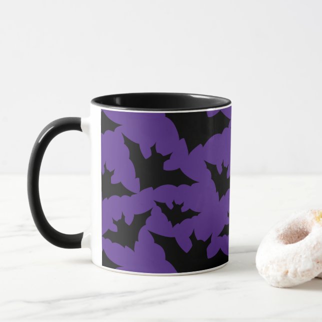 Halloween black bats purple cool spooky pattern mug (With Donut)