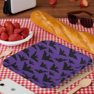 Halloween black bats purple cool spooky pattern paper plate