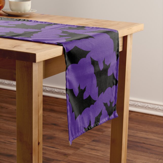 Halloween black bats purple cool spooky pattern short table runner (In Situ)