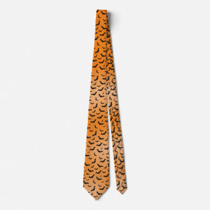 Halloween Black Bats Random Pattern Orange BG Tie