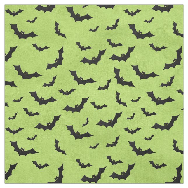 Halloween Black Bats Silhouettes Pattern on Green Fabric (Swatch)