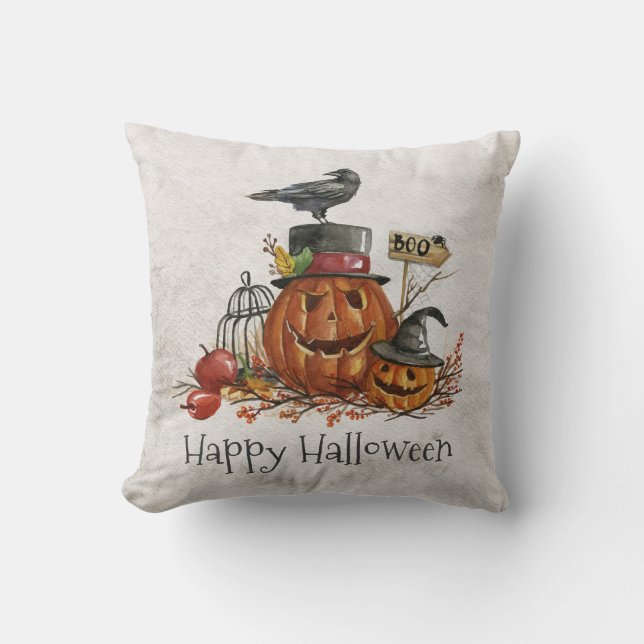 Halloween Black Bird and Pumpkins | Throw Pillow (Front)
