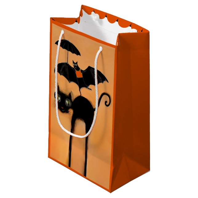 Halloween Black Cat and Bat Small Gift Bag (Front Angled)