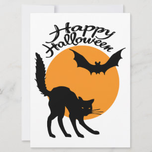 Halloween black cat and bat with moon, halloween card