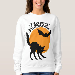 Halloween black cat and bat with moon, halloween sweatshirt