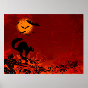 Halloween Black Cat and Bats Poster