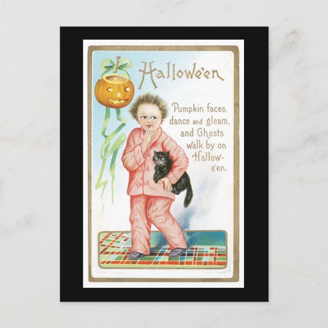 Halloween Black Cat and Boy Postcard (Front)