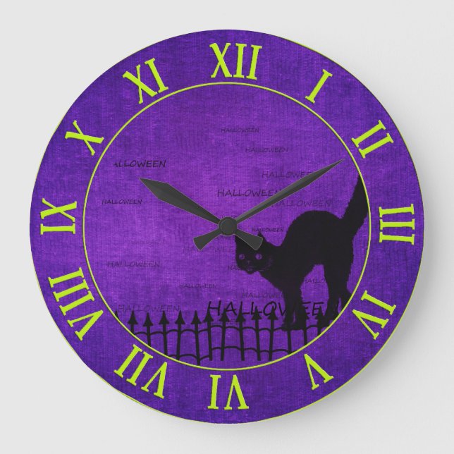 Halloween: Black Cat and Fence Silhouette | Purple Large Clock (Front)