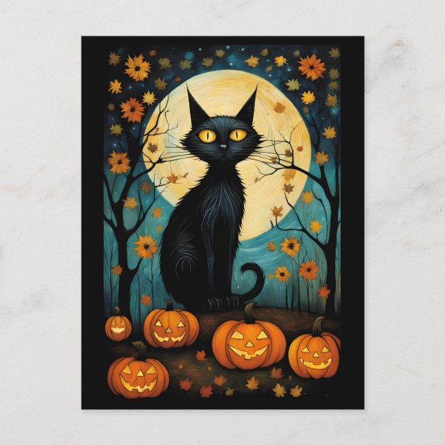 Halloween Black Cat And Full Moon Creepy Pumpkin Postcard (Front)