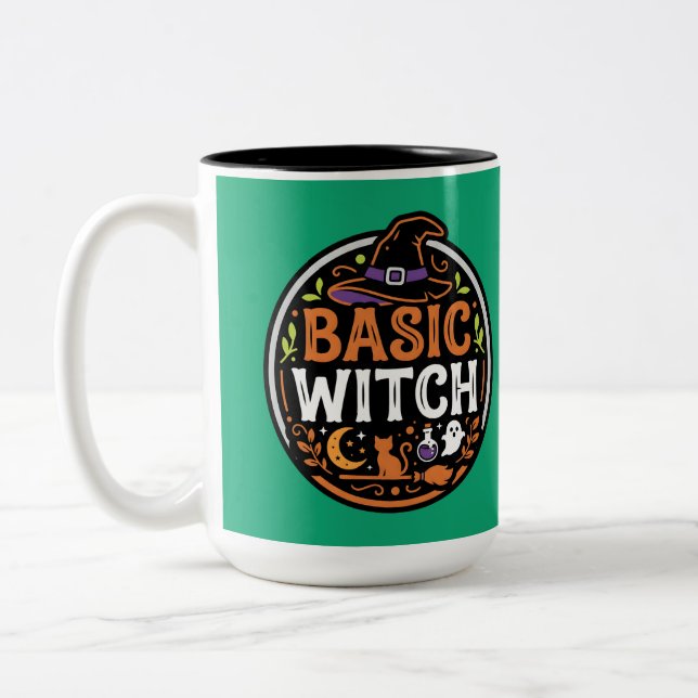Halloween: black cat and ghost – Basic Witch. Two-Tone Coffee Mug (Left)