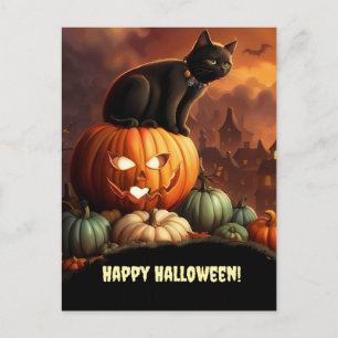 Halloween Black Cat and Jack O' Lantern Cute Holiday Postcard