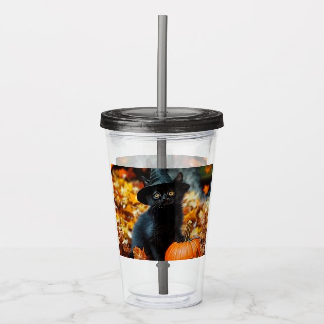 Halloween Black Cat and Pumpkin Acrylic Tumbler (Front)