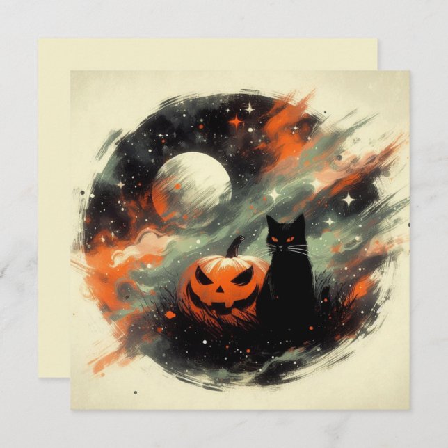 Halloween Black Cat and Pumpkin Card (Front/Back)