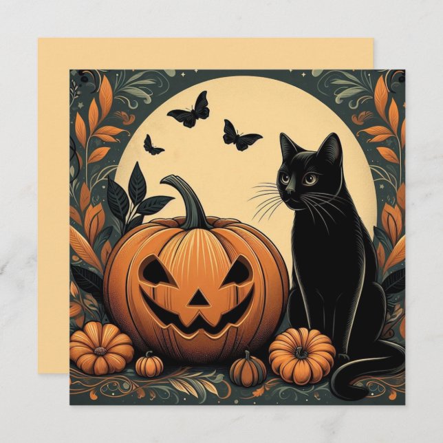 Halloween Black Cat and Pumpkin Card (Front/Back)