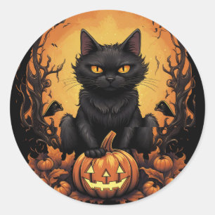 Halloween   Black Cat and Pumpkin Classic Round Sticker