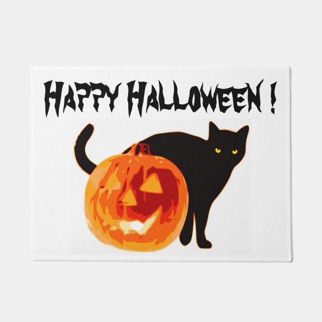 HALLOWEEN BLACK CAT AND PUMPKIN DOORMAT (Front)