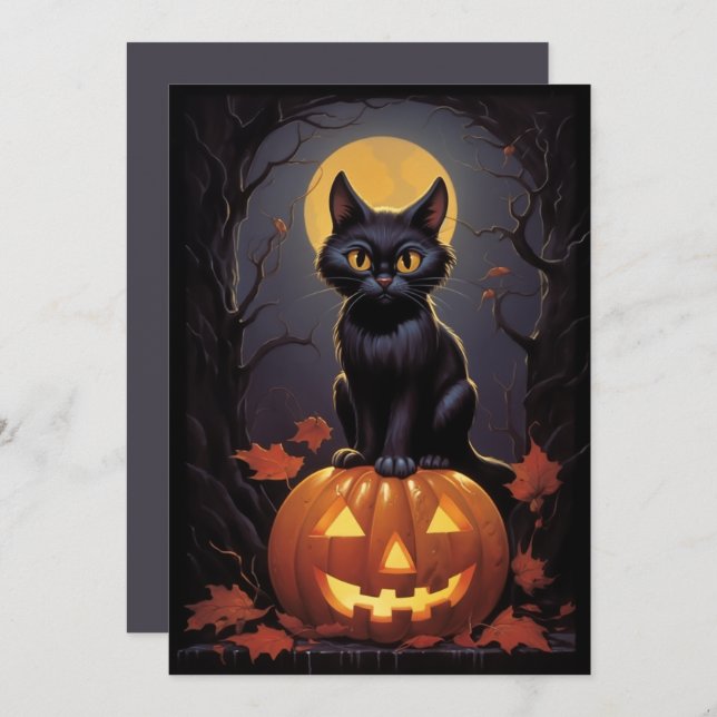 Halloween Black Cat and Pumpkin Invitation (Front/Back)