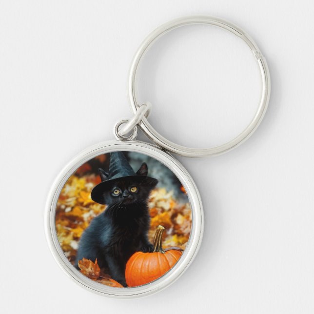 Halloween Black Cat and Pumpkin Key Ring (Front)