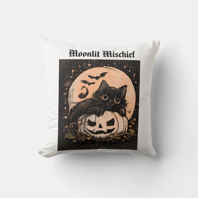 Halloween Black Cat and Pumpkin Moon Throw Pillow (Front)