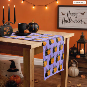 Halloween Black Cat and Pumpkin Pattern Short Table Runner