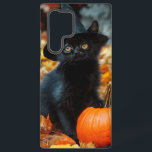 Halloween Black Cat and Pumpkin Samsung Galaxy Case<br><div class="desc">Samsung Galaxy Case featuring an adorable black cat wearing a witch’s hat! This little cutie poses with a pumpkin. Autumn leaves carpet the forest floor. A purr-fect gift for Halloween celebrations!</div>