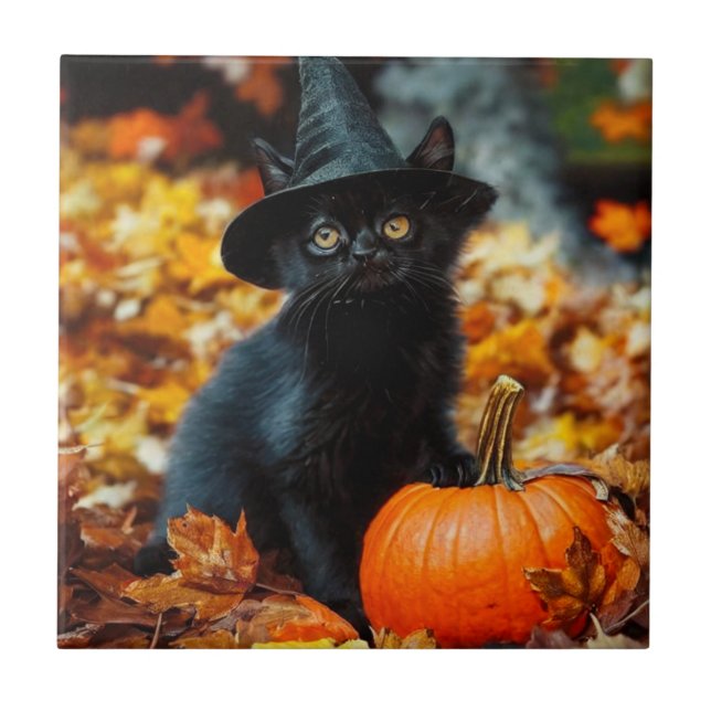 Halloween Black Cat and Pumpkin Tile (Front)